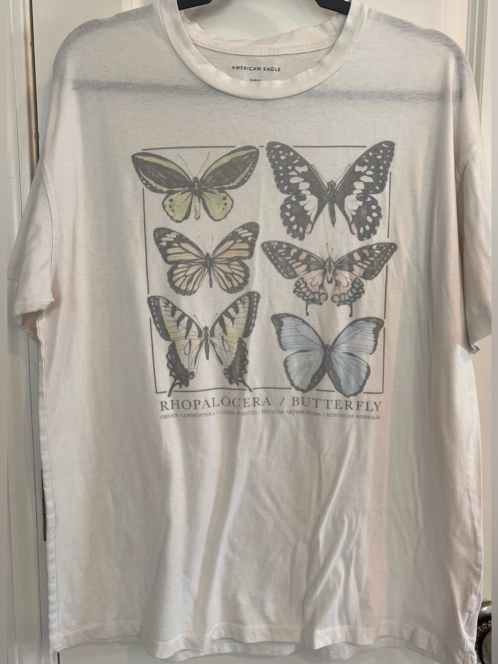 American Eagle White Graphic Tee with Pastel Butterfly
